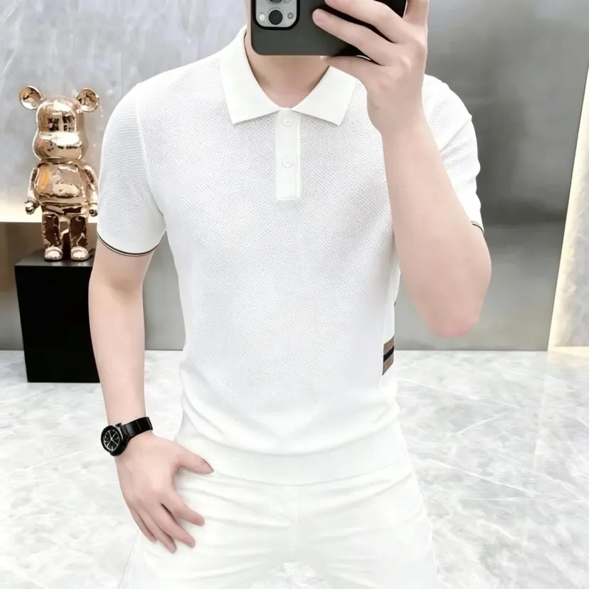 model summer men's silk-trimmed lapel short-sleeved knitted polo shirt for business and casual