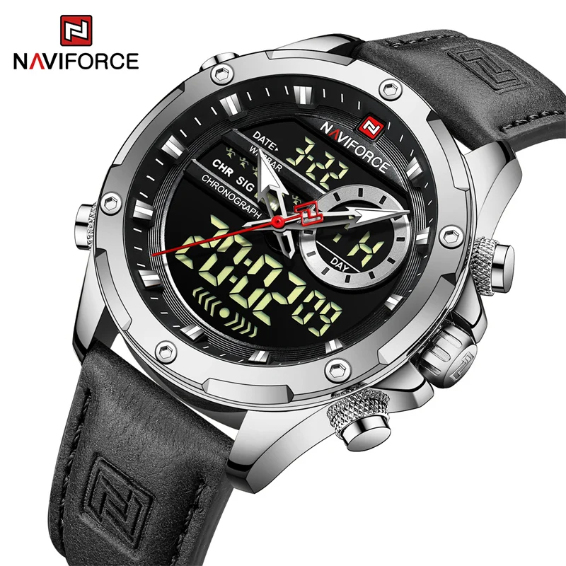 Naviforce Mens Original Watches 2024 Men Fashion Sports Waterproof Luxury Corium Strap Men Wristwatch with Calendar Dual Display