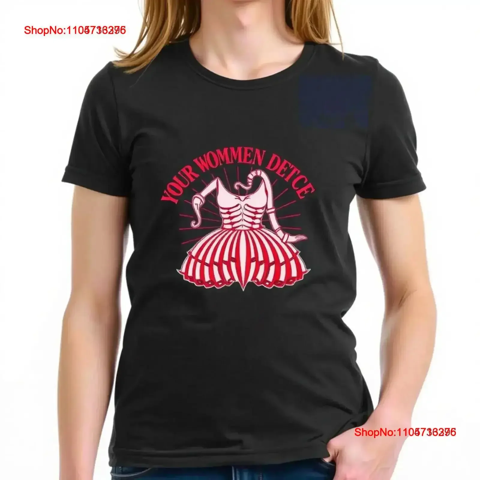Black T Shirt with Red White Striped Dress YOUR WOMEN All cotton vintage Washed Soft Casual Slightly Comfortable Stretched