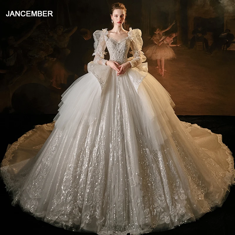 Jancember Elegant Popular Design Wedding Dresses Organza V-neck Full Sleeves Ruffles Beading Lace Up Vestidos De Novia LSMX029