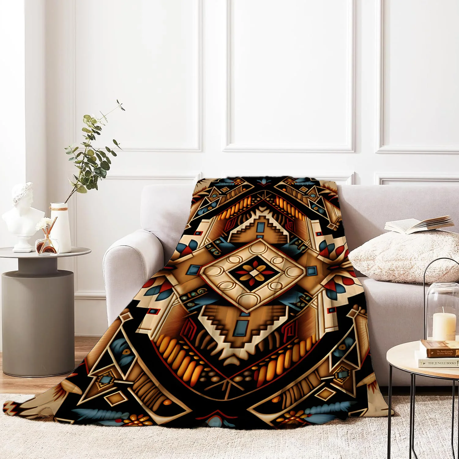 Manta de franela con estampado de patrones étnicos, manta súper suave y acogedora para sofá, manta para siesta, manta para