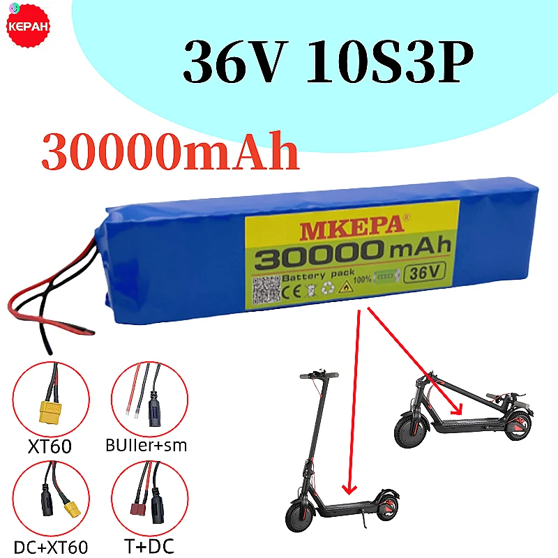 

36V 30Ah 10S3P 18650 rechargeable high current lithium battery pack with various plugs for electric bicycles. charger