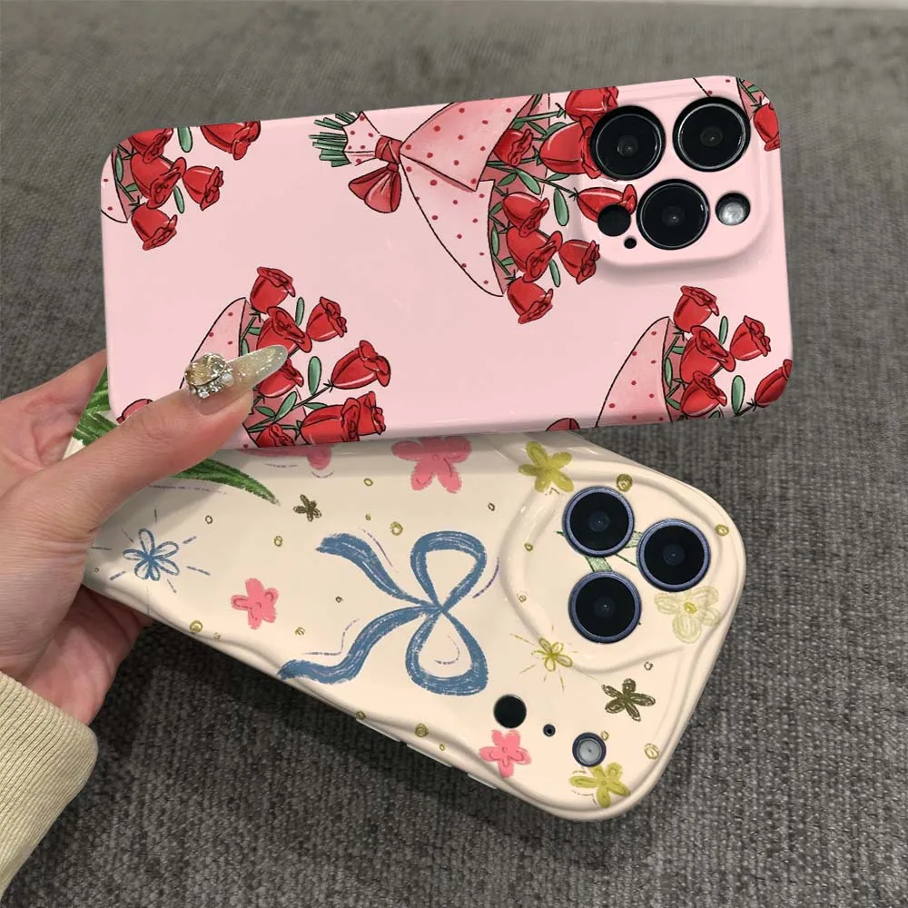 

Cartoon Flower Bow Pattern For Apple iPhone 8 7 11 12 13 14 15 16 17 16E SE X XS Plus Pro Max 2022 Wave Oil Film Phone Case