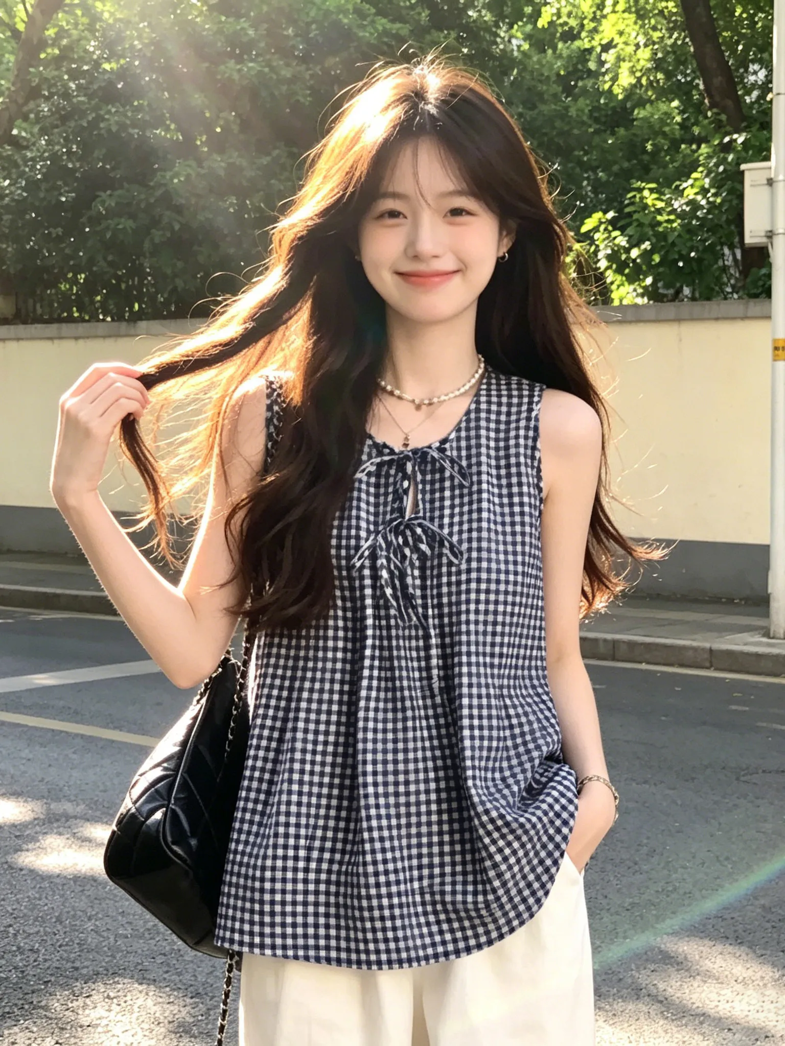 

Blue Plaid Sash Vest Shirt Women Summer Loose Slimming Sleeveless Doll Shirt Whitening Ageless Elegance Top Korean Style Stra...