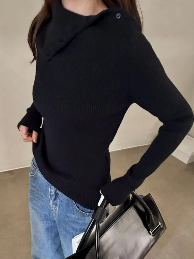 Korean Sle Slim Fit High Ne Side Button Knitwear Women's Base Layer Top Striped Faionable Autumn New Arrival
