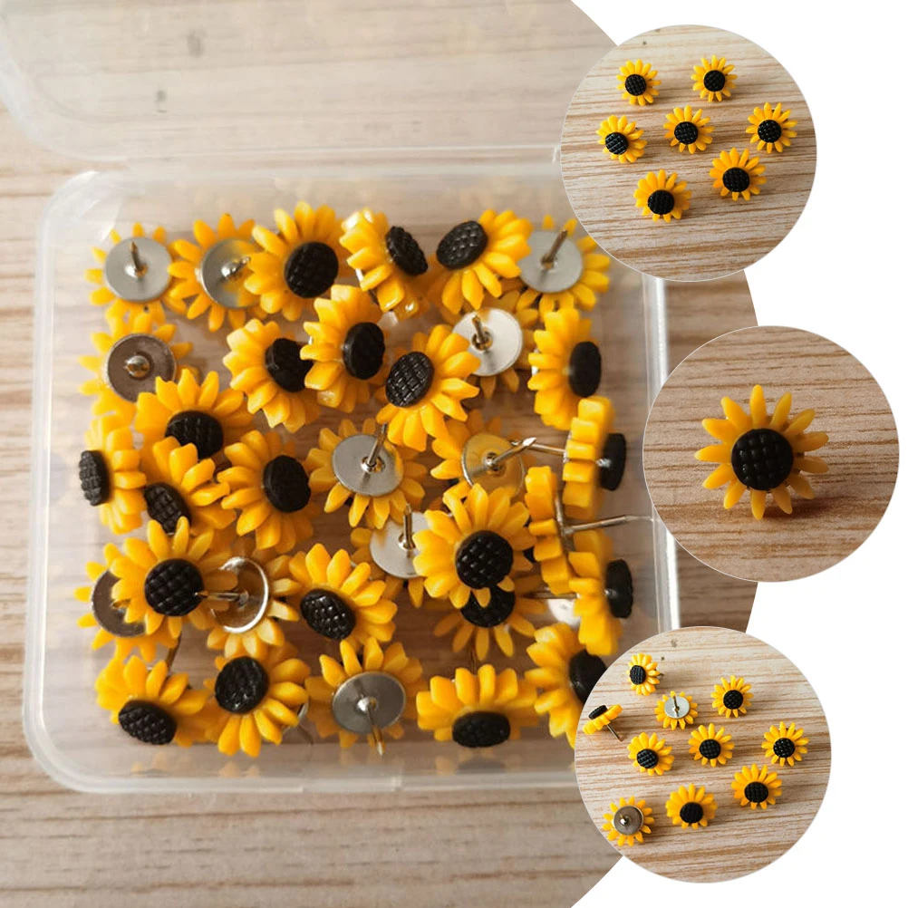 

20pcs Sunflower Push Pins Cute Thumb Tacks Yellow Resin Office Supplies Cork Board Decorative Map Markers Bulletin Boards Wall