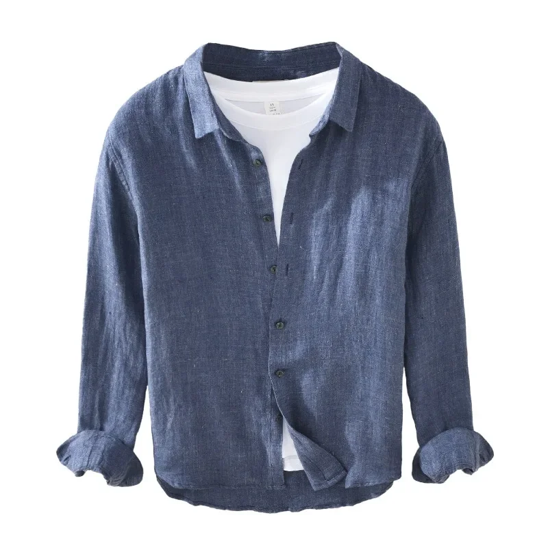 Casual men's yarn-dyed linen long sleeved shirt Spring/Summer retro square neck solid color youth cotton linen shirt jacket