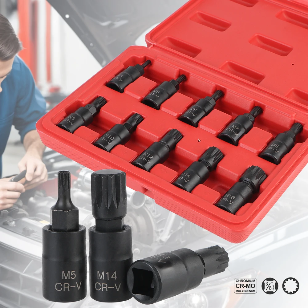 

12 Point Torque Wrench Bit Socket Set for Car Removal Tools 3/8 Inch Drive Electric Drill Socket Wrench M4-M16 Adapter 10pcs