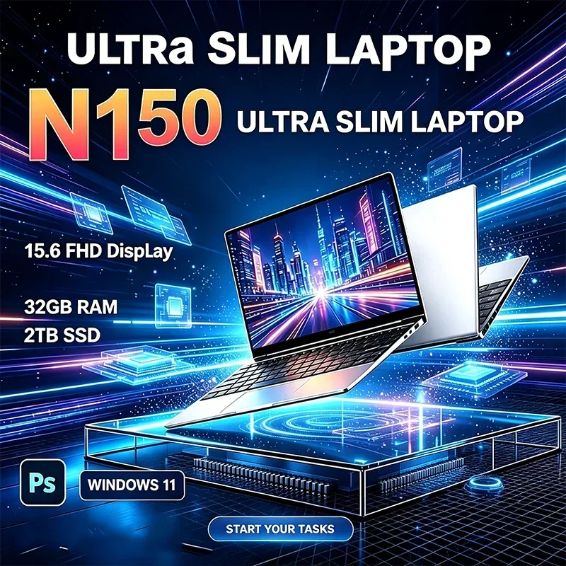15.6 Inch High Refresh Rate Laptop Intel N150 120Hz IPS Screen 32GB DDR4 RAM 2TB PCIe SSD Long Battery Life Backlit Keyboard
