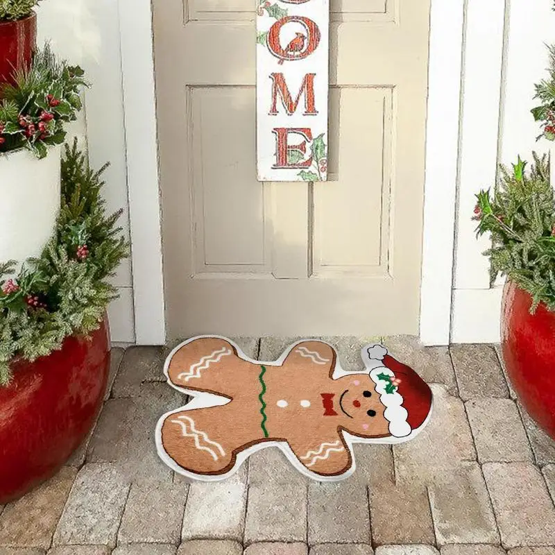 Gingerbread Man Floor Mat Machine Washable Cookie Man Floor Mat Cute Imitation Cashmere Rug Soft Floor Entryway Rug For