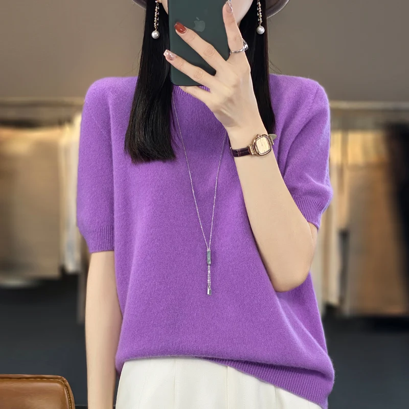 Spring and summer 100% pure wool short sleeve female O-neck solid color knitted T-shirt loose wool bottoming shirt