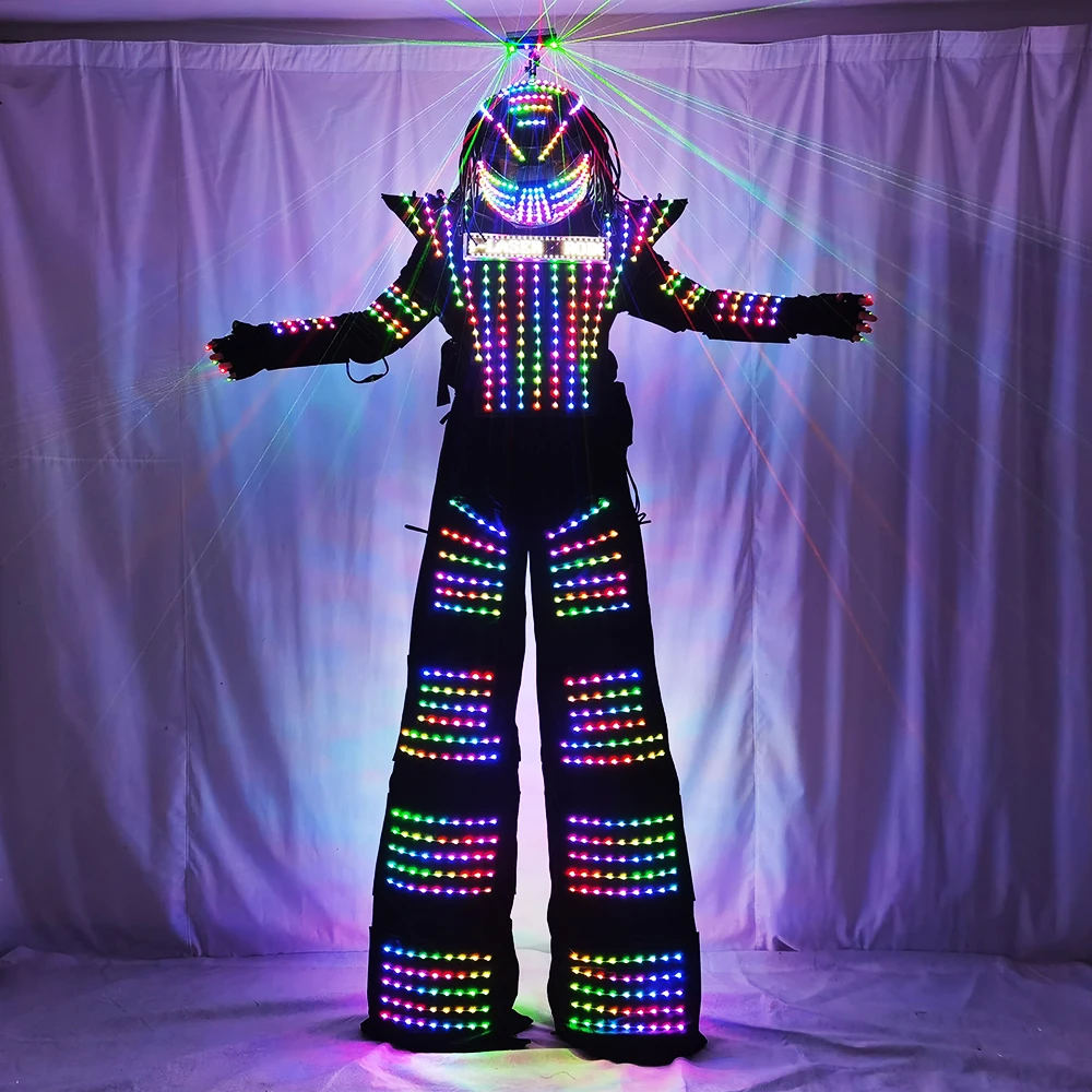 LED Robot Costume Clothes Laser Shoulder Vest White Silver Leather Stilt Walking Luminous Suit Jacket Laser Glove Helmet