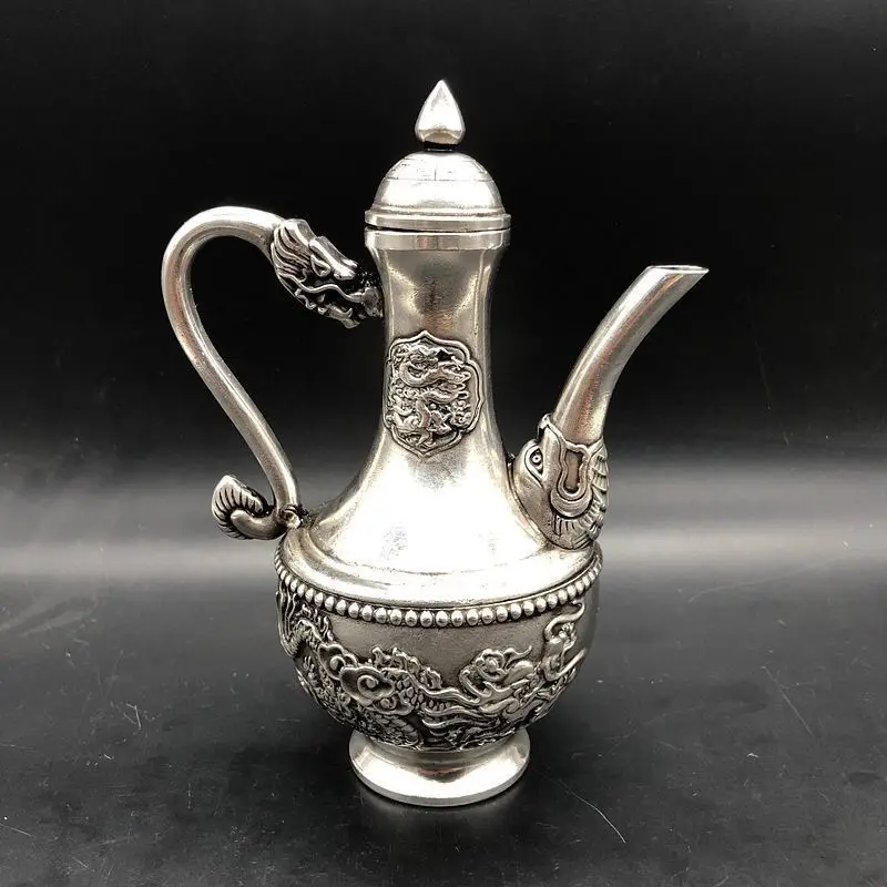 Antique Miscellaneous Collection Daqing Qianlong Year Dragon and Phoenix Wine Pot White Copper Wine Pot