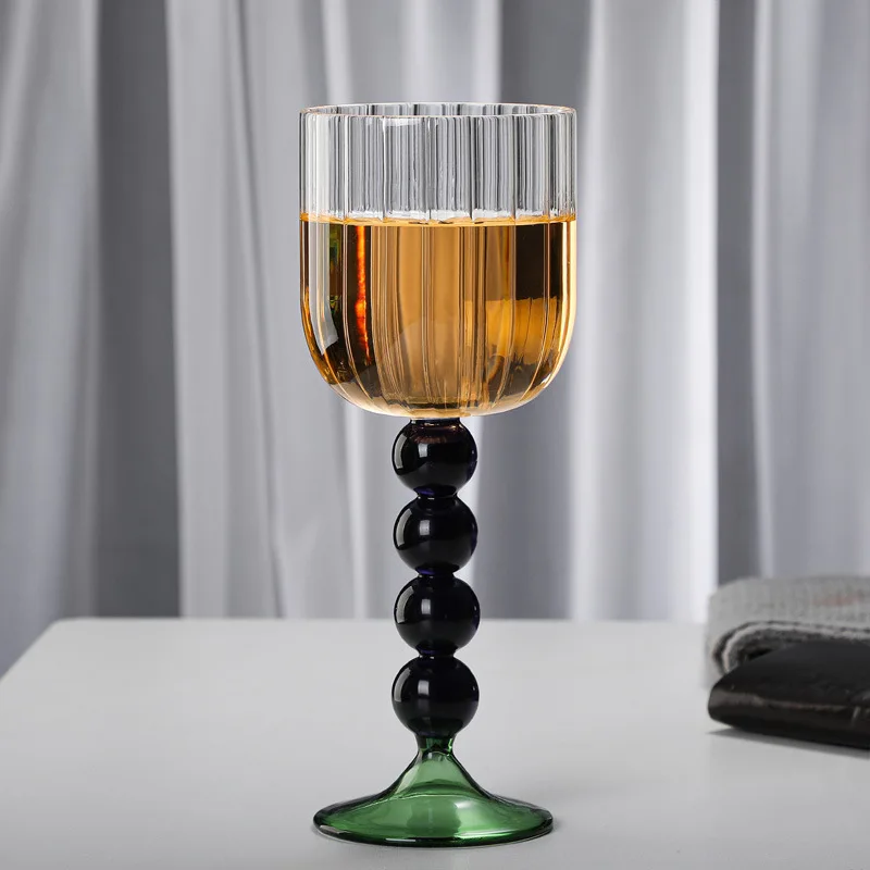 1 PC 360ml 12oz Heat Resistant Creative Nordic Vertical Ripple Blue Amber Pink Colored Ball Twisted Stem Wine Glass Cup