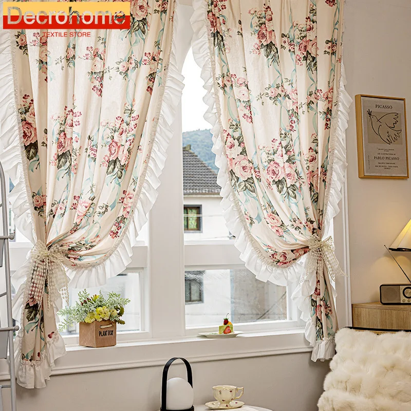 

Retro Rose Large Flower Palace Style Cream Printed Curtains for Living Room Bedroom Bay Window Ruffled Edge Finished Product