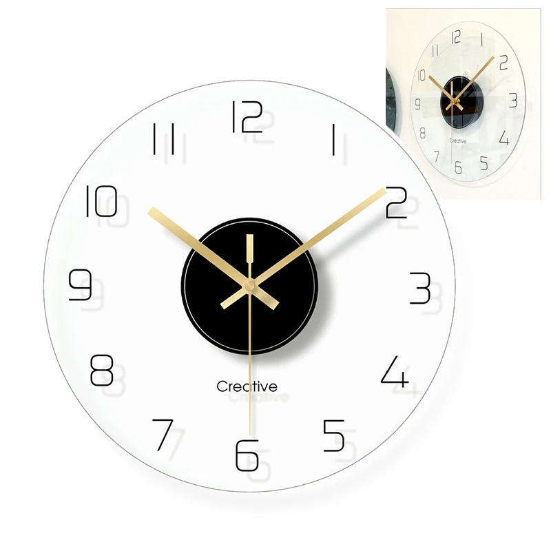 12Inch Nordic Glass Wall Clock Silent Modern Transparent Clocks Wall Watches Home Decor Bedroom Miroir Kitchen Living Room Decor