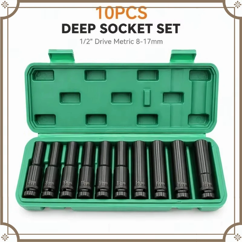 A Set10Pcs 1/2 Inch Drive Deep Impact Socket Set Metric 8-24mm Extra Long Socket Adapter for Electric Wrench Auto Repair Tool