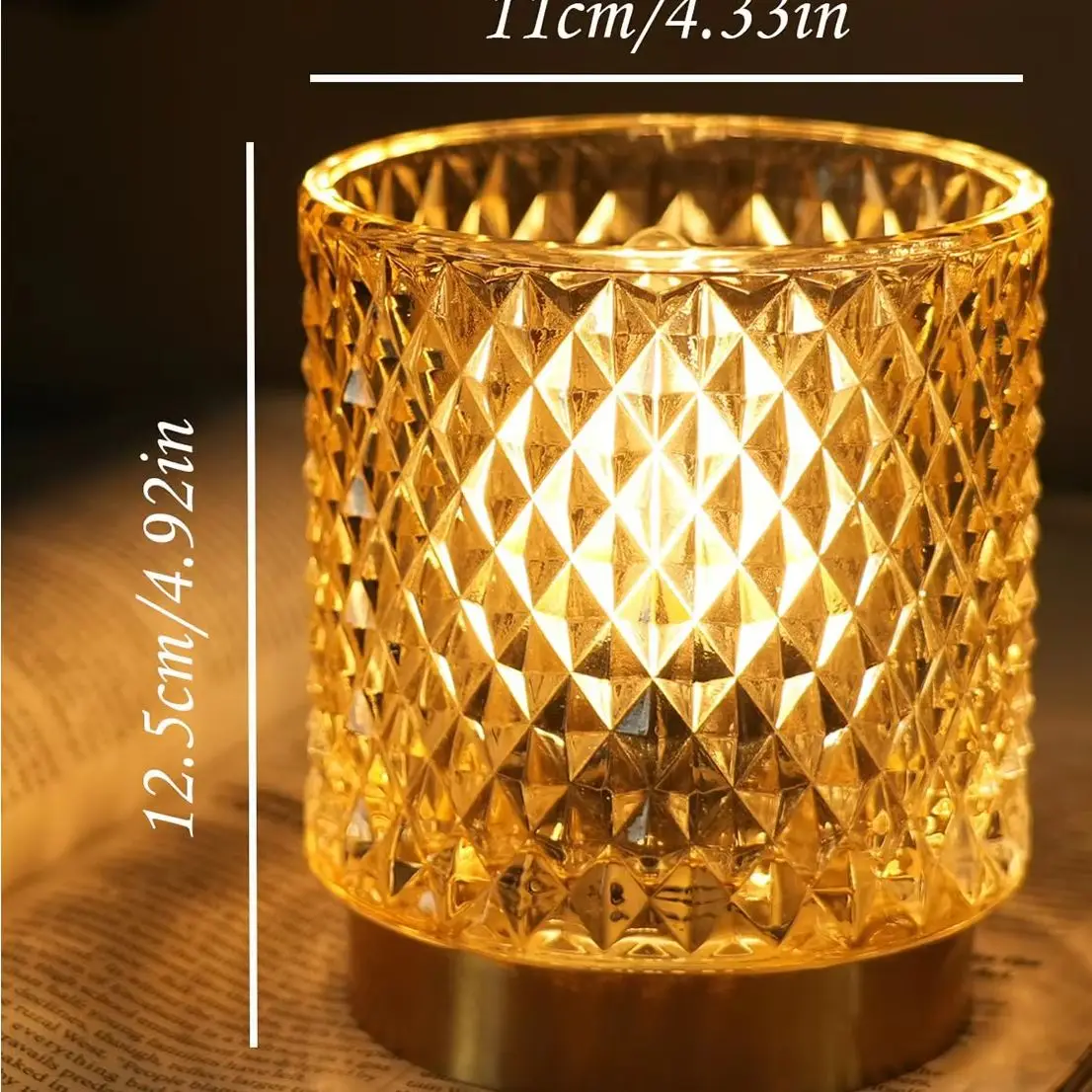 Battery Operated Table Lamp, Amber Glass Cordless LED Night Light For Home Decor