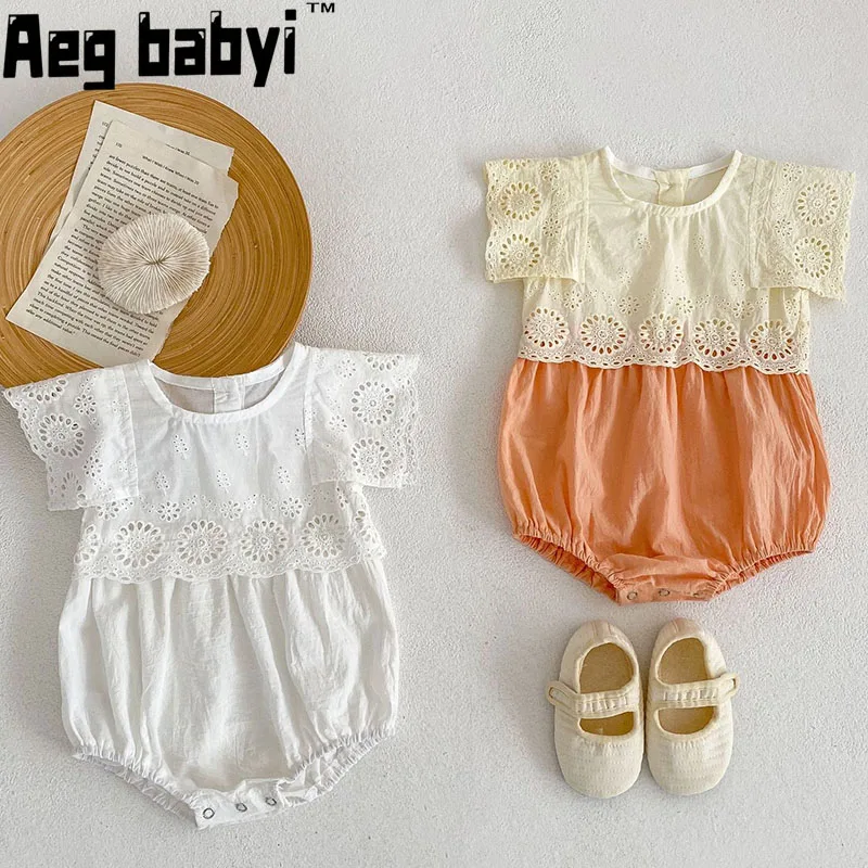 

Summer Infant Clothes Baby Girl Rompers Fly Sleeve Hollow lace Cute Bodysuit Newborn Jumpsuits Sweet Toddler Clothing 0-24M