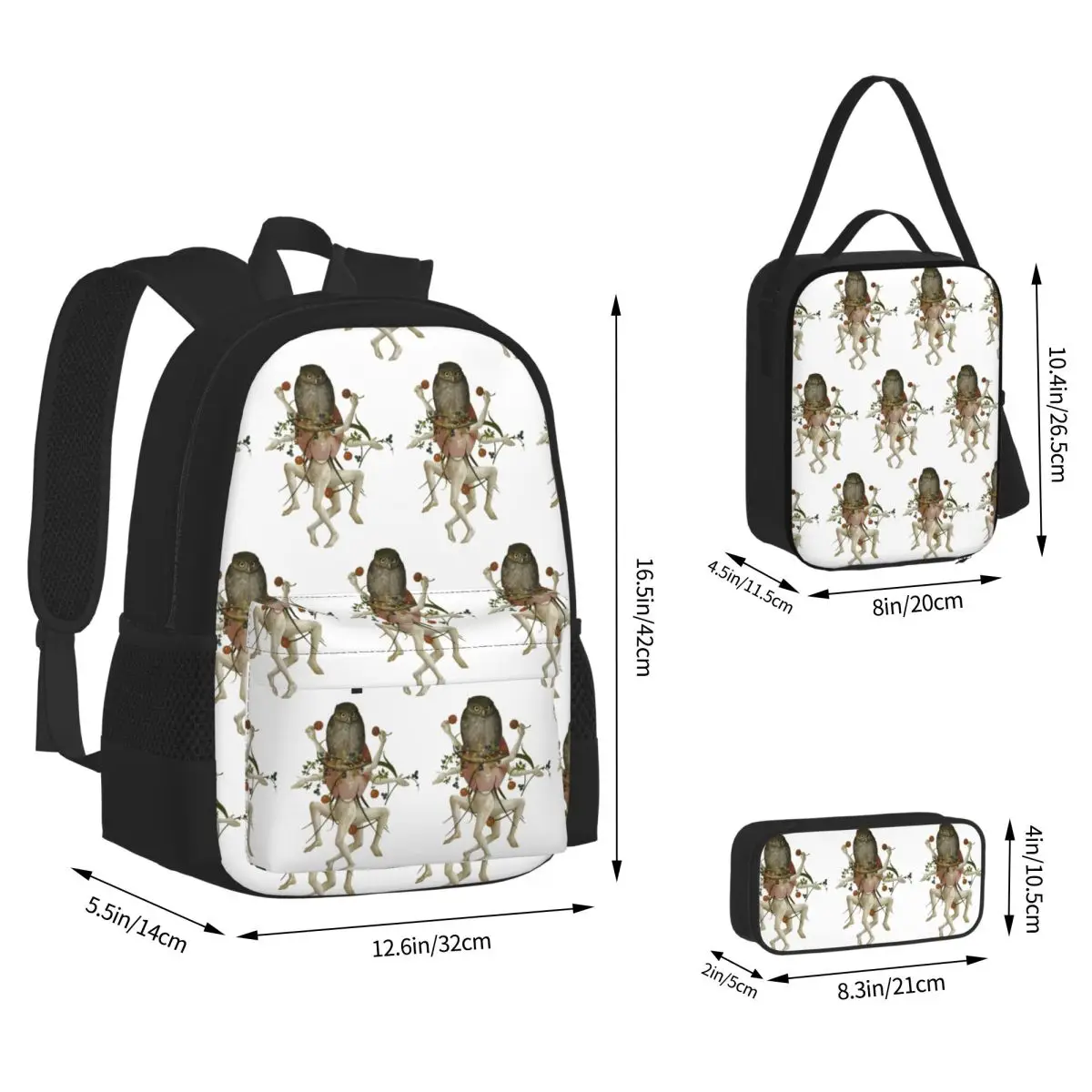 Hieronymus Bosch Dancing Owl Backpacks Children Bookbag School Bags Rucksack Lunch Bag Pen Bag Three-Piece Set