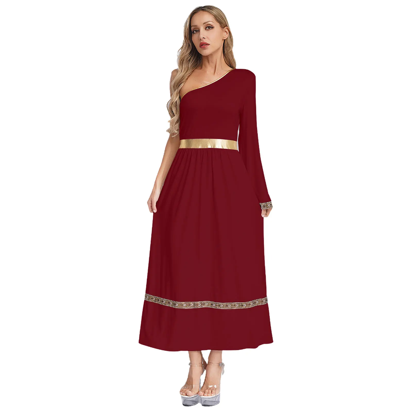 

Women Ancient Greek Princess Cosplay Dress Grecian Egyptian Queen Robe One Shoulder Dress with Brocade Belt for Party Halloween