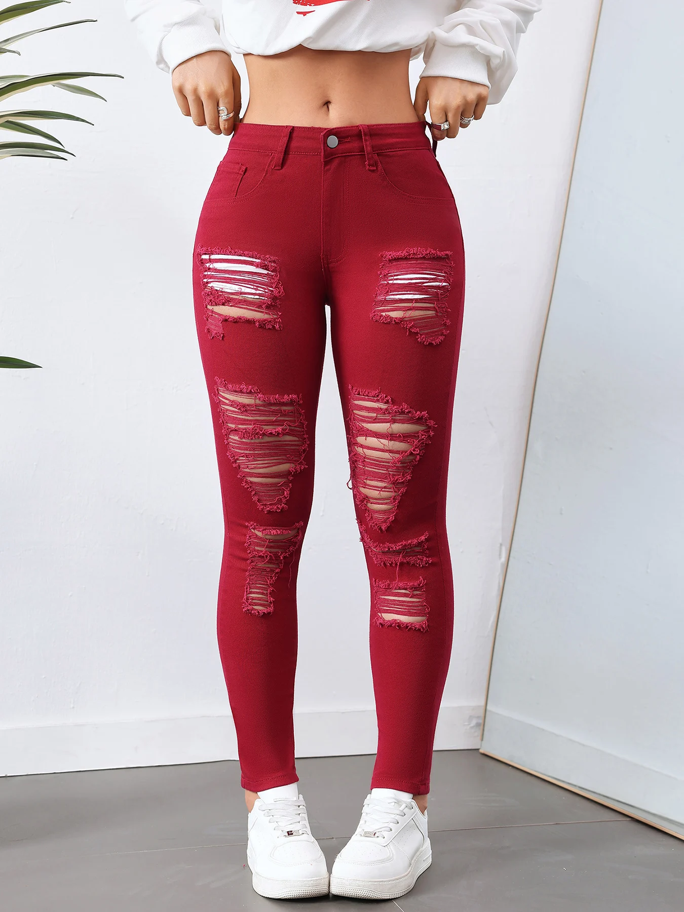 

Women's ripped jeans, tight elastic solid color leggings, comfortable and versatile clothing for all seasons