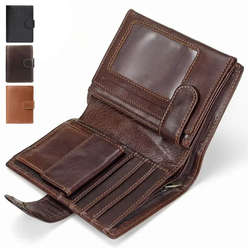 

New Men Wallet Cowhide Genuine Leather Wallets Coin Purse Clutch Hasp Open Top Quality Retro Short Wallet