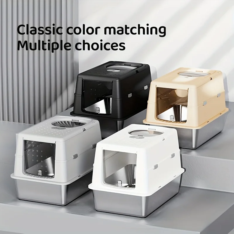 Nouvelle bac à litière pour chat en acier inoxydable avec couvercle rabattable, conception fermée, tapis antidérapant facile à nettoyer, fournitures d'intérieur pour animaux de compagnie