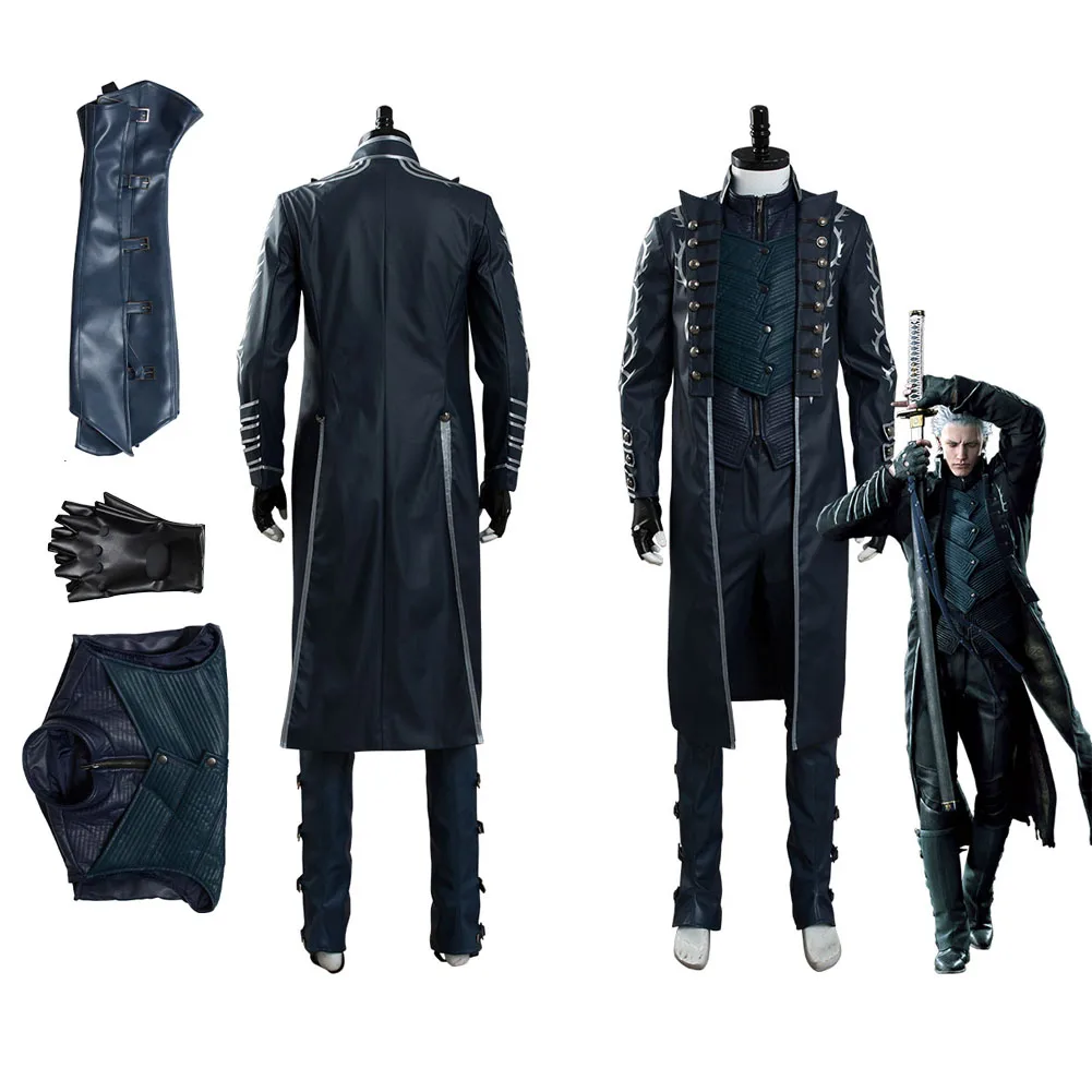 

Game DMC 5 Vergil Cosplay Costume Aged Outfits Leather Coat Pants Full Set Fantasia Men Halloween Carnival Disguise Suit