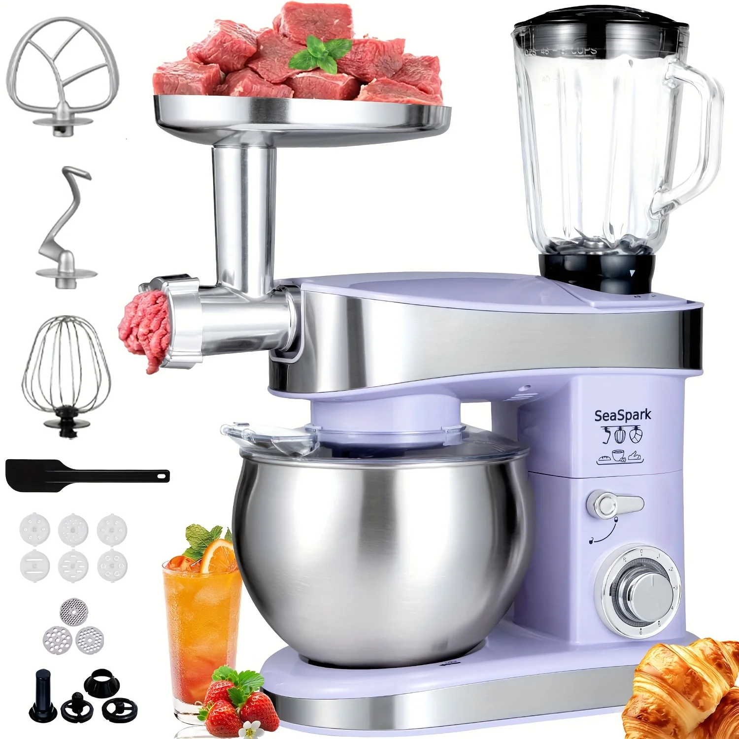 

6-in-1 Electric Vertical Mixer, 400W 6-speed with Pulse Button, Accessories with 6.3QT Stainless Steel Bowl, Mixer, Dough Hook