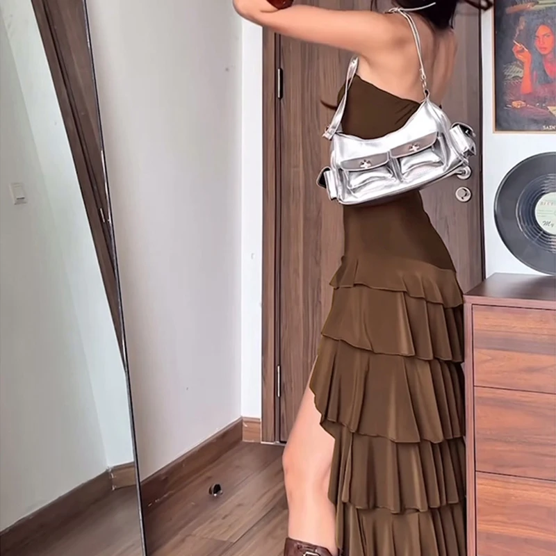 BKLD Urlaub High Street Frauen Braun Unregelmäßige Trägerlose Rüschen Schlitz Lange Kleider + Mini Shorts Passende 2-teilige Outfits Sommer