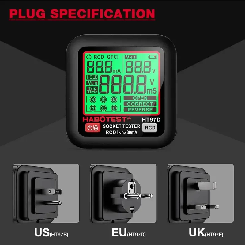HABOTEST HT97 Smart Electrical Outlet Tester With RCD GFCI Test, Large Display, EU US UK Plug Compatibility
