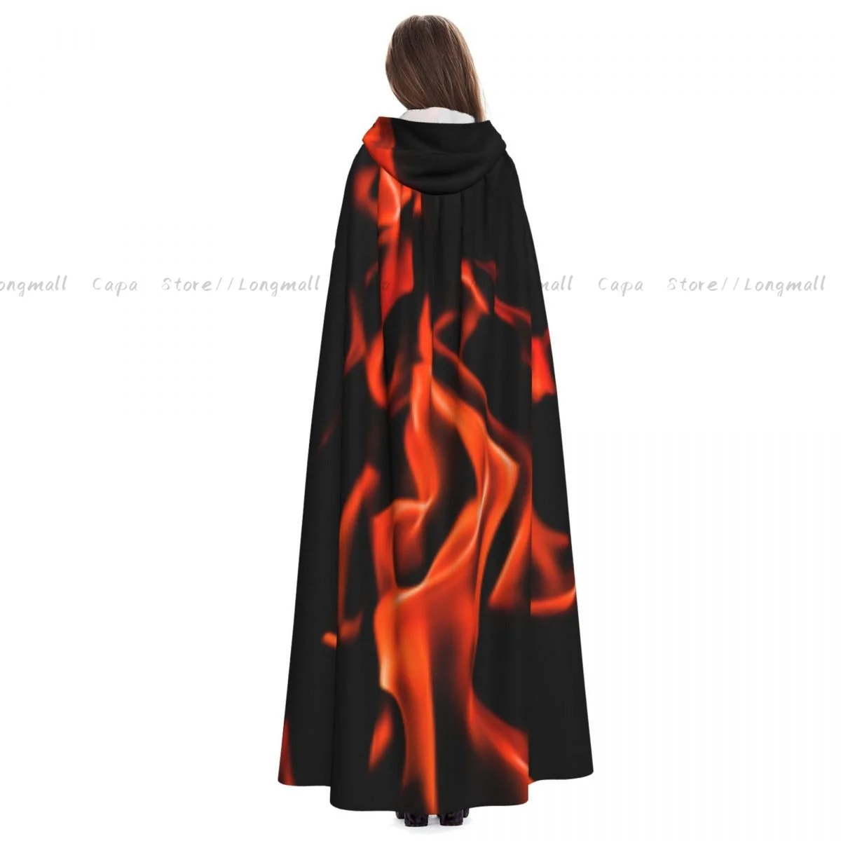 Adult Vampire Cape Hooded Robe Flames Of Fire Background Halloween Cloak Full Length Cosplay