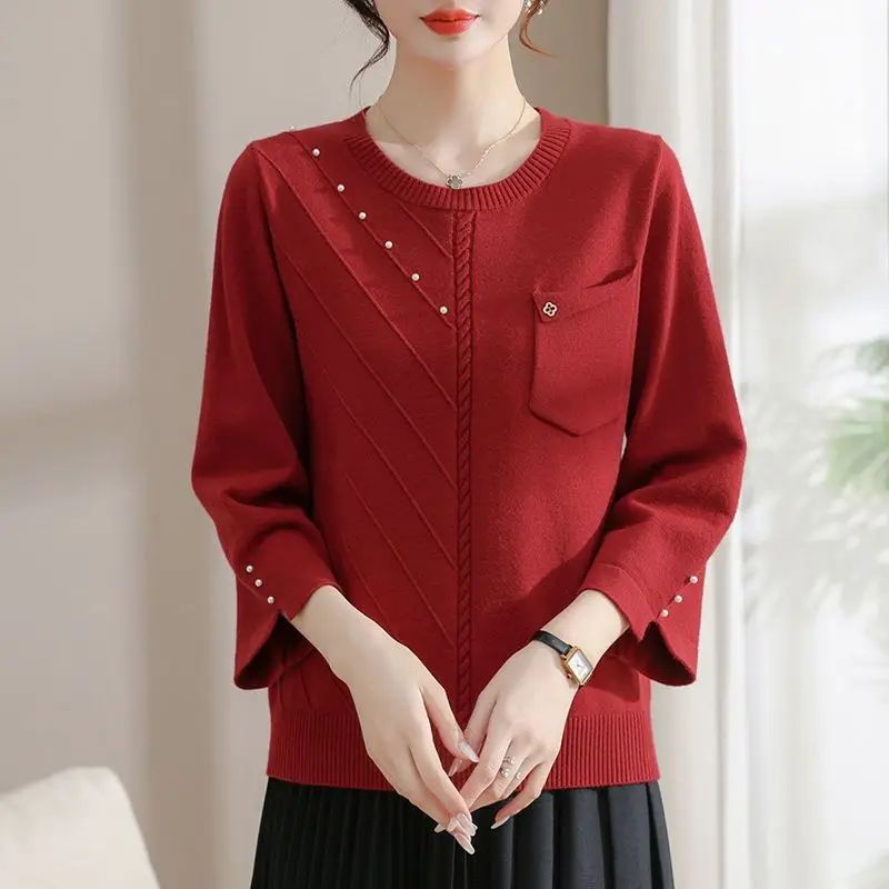 Fashion All-match Solid Color Beading Knitted Pullovers 2023 Spring Summer Elegant Temperament 3/4 Sleeve Sweaters for Female