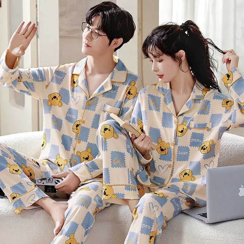 Couple's Cotton Autumn Spring Pajamas Set Men's Cardigan Pajamas Set Women's Korean Fashion Home Clothes 2023 Long Loungewear