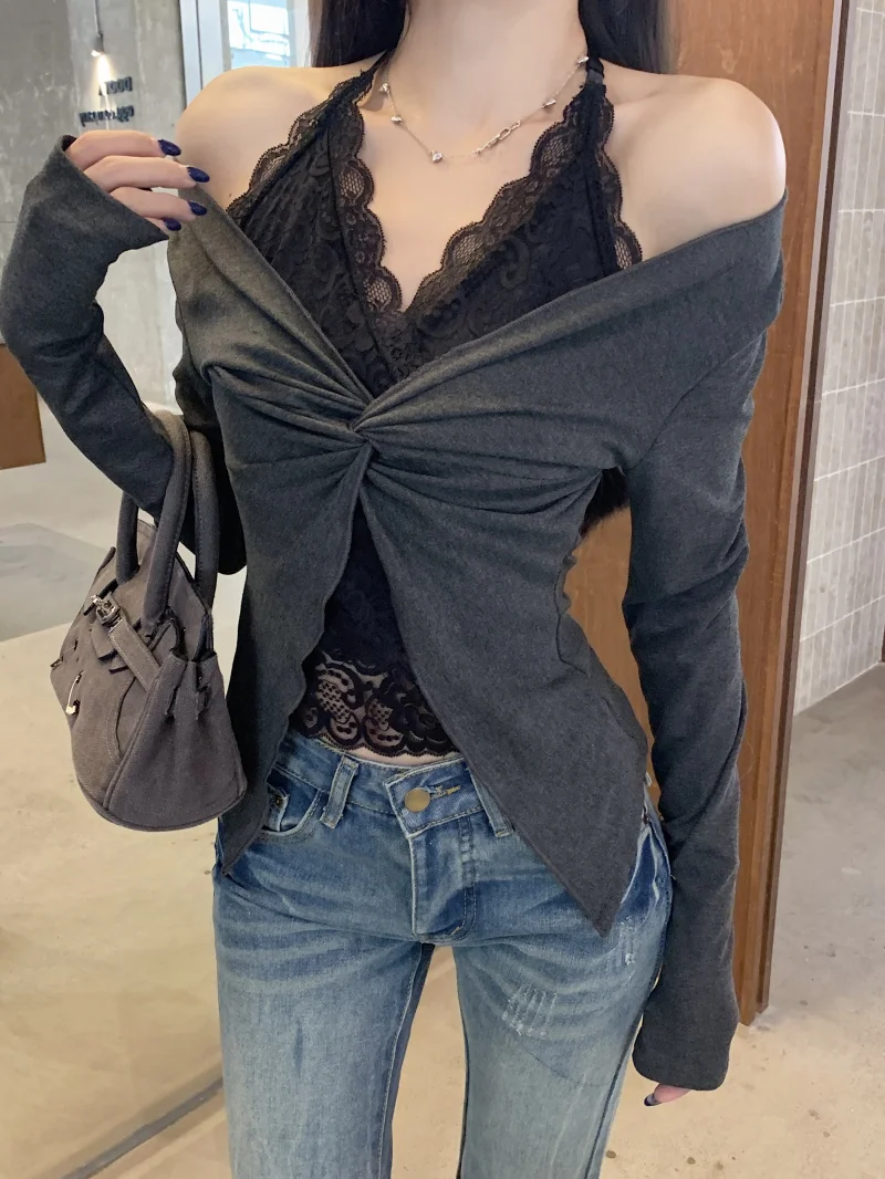 

Lace Splice Long Sve T-irt Women's Autumn Waist Cinching Slimming Knot Fake Two-Piece Base irt Top Korean Sle Loose Fit