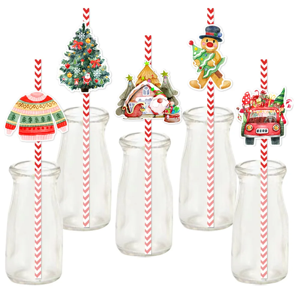 Holiday Party Straws Themed Santa Claus Straws Christmas Paper Straws Decorative For Family Gathering Party Supplies Christmas