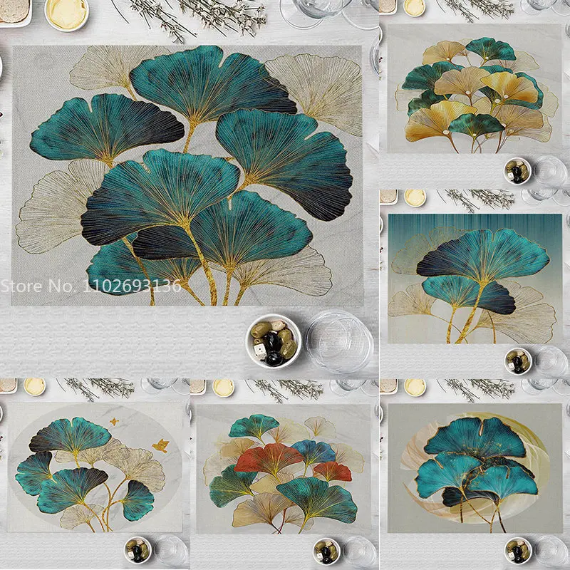 30X40cm Ginkgo Biloba Cotton Linen Kitchen Placemat Nordic Print Coaster Pad Green Leaves Plant Dining Table Mat Bowl Cup Mats