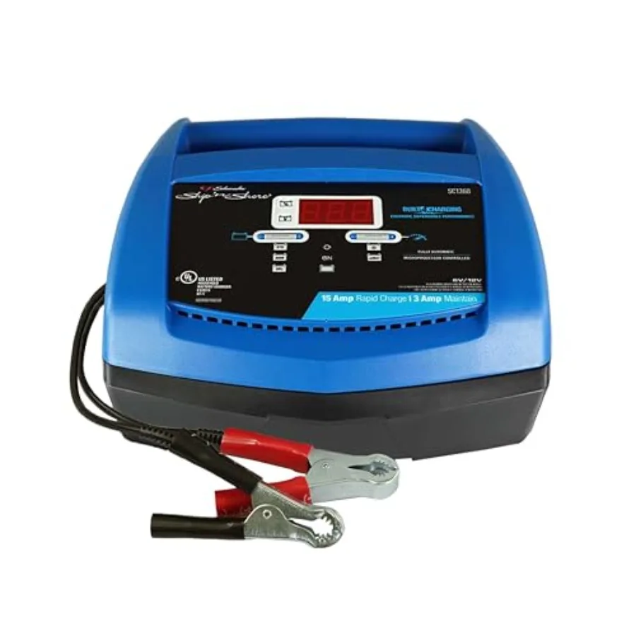 

Car battery charger and maintainer for automotive, marine, power sport use; lead-acid; black; 4-in-1 with battery tester, 6V/12
