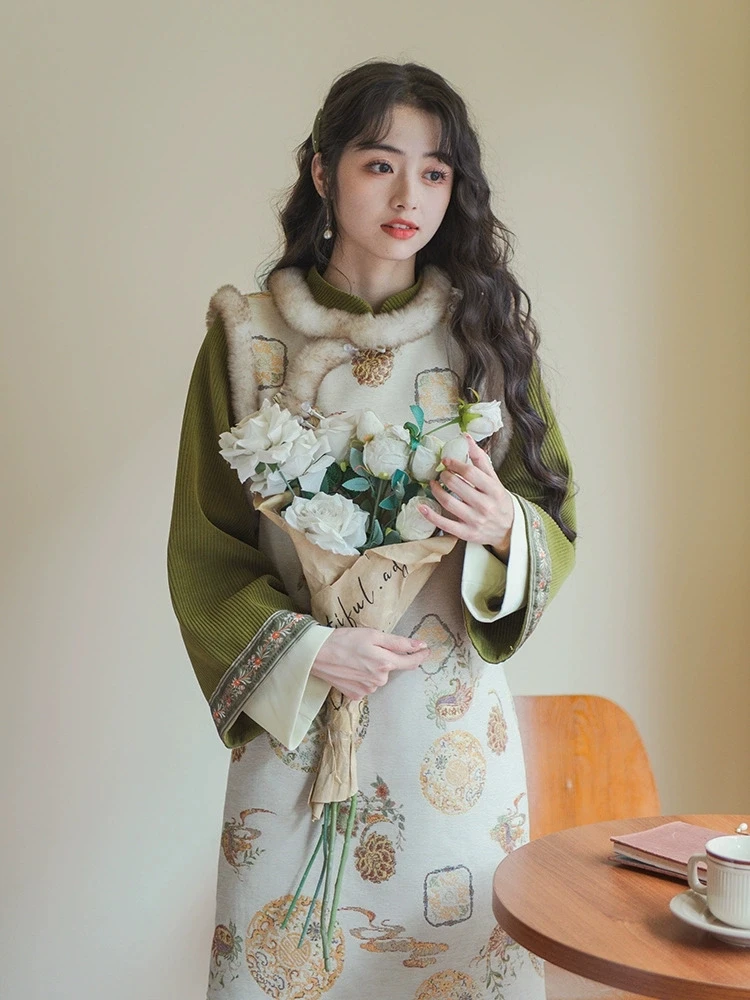 

2026 women Vintage long sleeved embroidered velvet waist cinched cheongsam jumpsuit long skirt