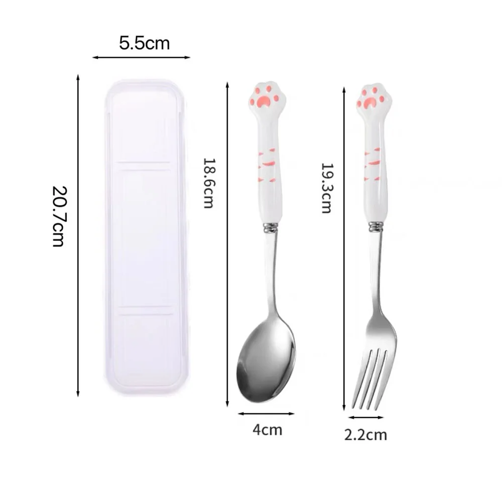 Stainless Steel Spoon and Fork Set with Storage Box Portable Tableware Cute Cat Paw Shaped Dinnerware Kit for Adults Kids School