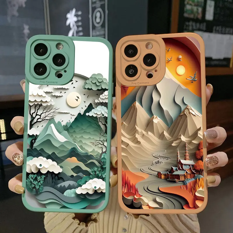 Landscape phone case For iPhone 16 14 XS X XR 7 8 Plus SE20 11 12 13 Pro Max Creative Mountains And Rivers Soft Silicone Covers