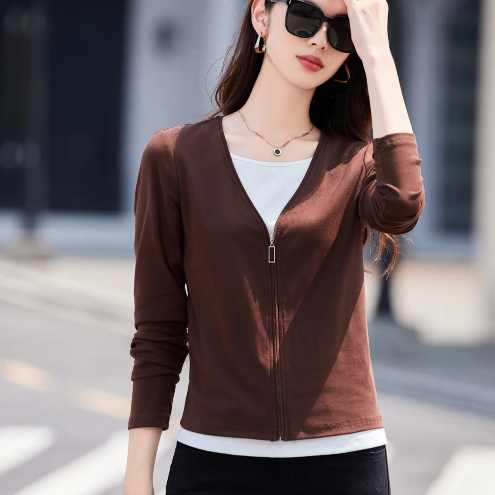 

Korean style fake two piece long sleeved T-shirt women's autumn new fashion plus size cotton zipper splicing V-neck casual top