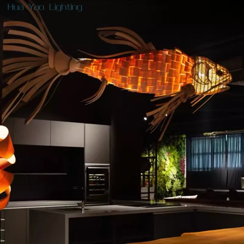2025 Customized Southeast Asian Japanese Fish-Shaped Woodcraft Ceiling Lamp Creative Personalized Decoration Hotel Lobby