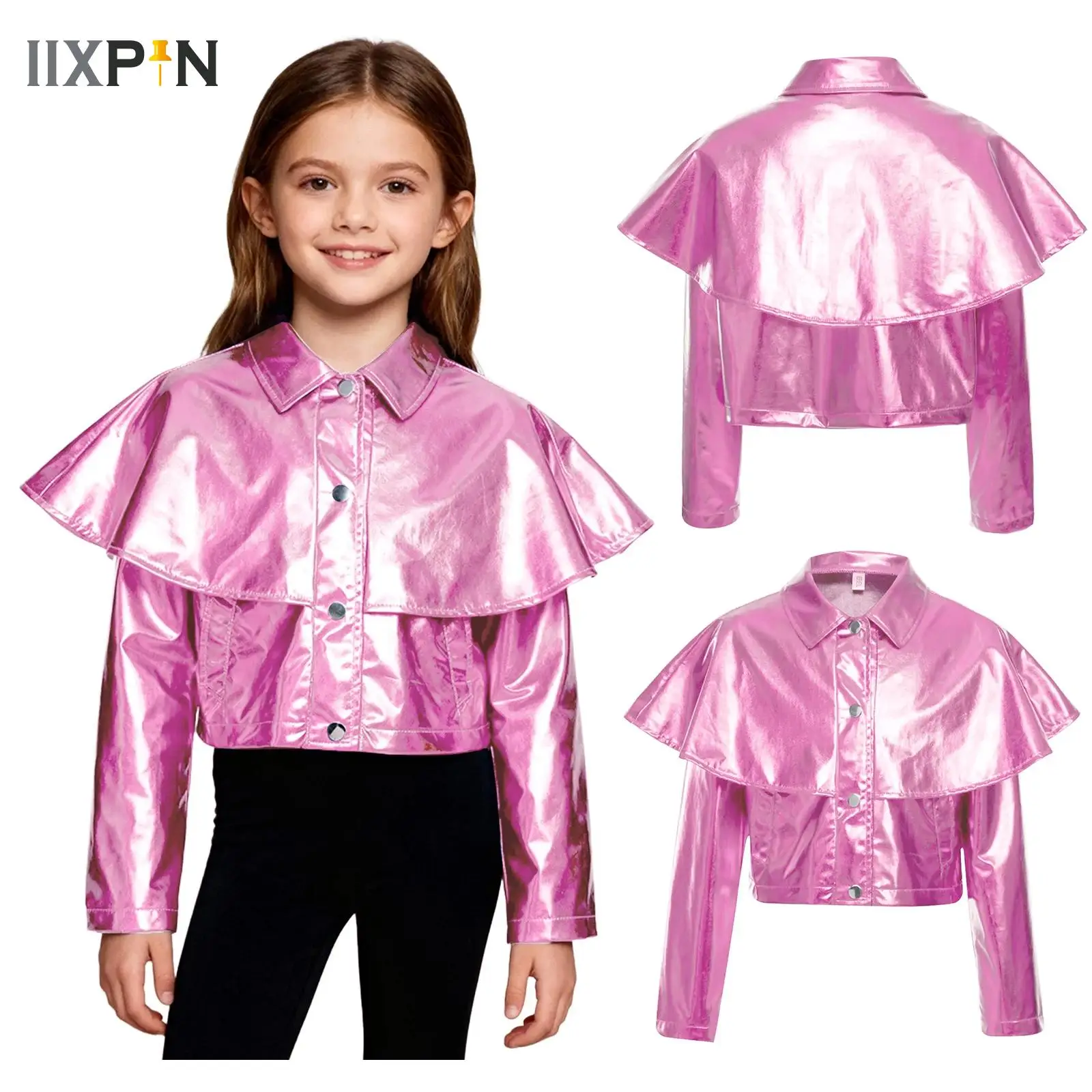 

Kids Girls Shiny Sequins Hip Hop Jazz Dance Jacket Long Sleeve Metallic Bomber Coat Outerwear Disco Stage Performance Costume