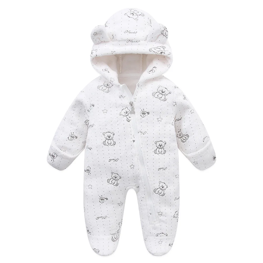 2024 Autumn Winter Newborn Baby Romper Cartoon Bear Flannel Hooded Children Girl Overalls 0-1 Years Infant Boy Jumpsuit Outfits