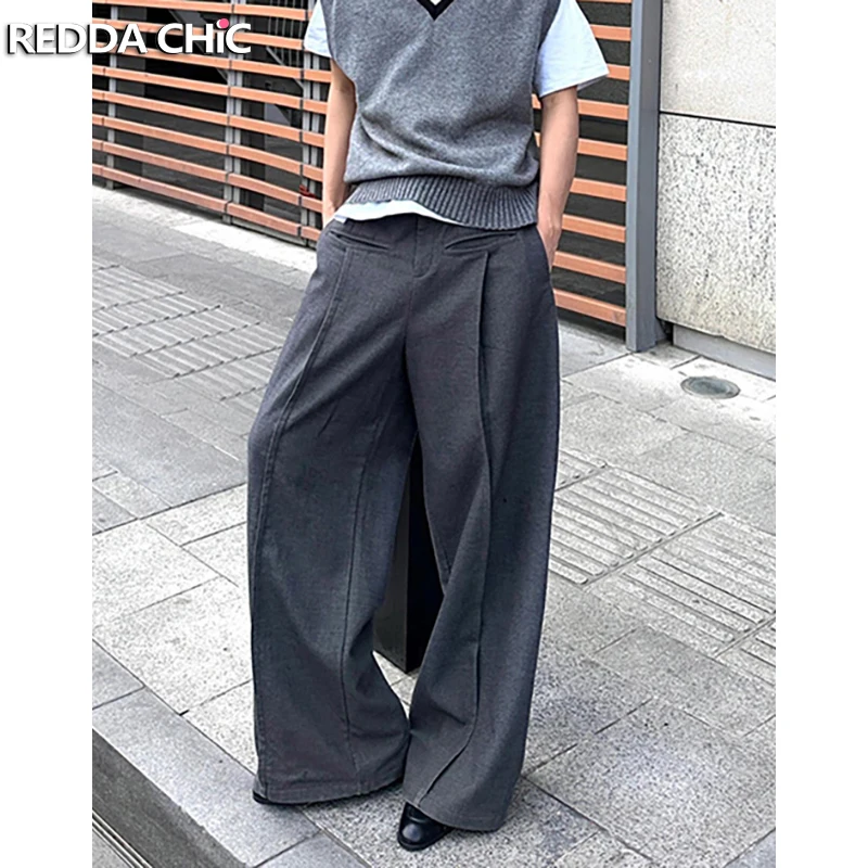 

REDDACHIC мужские плиссированные спереди серые костюмные брюки с высокой талией повседневные однотонные свободные широкие прямые брюки винтажная официальная одежда