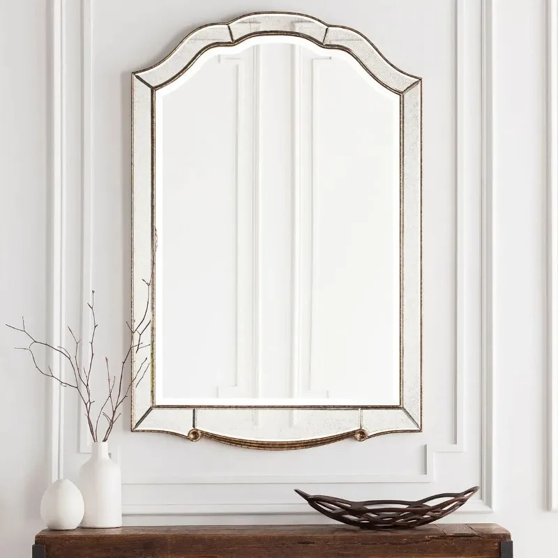 Retro silver edge curved top rectangular wall-mounted mirror, modern minimalist decorative mirror, home bedroom dressing mirror