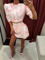 Elegant Printed Ruffle Mini Skirt Set Women Bubble Sleeves Round Neck Cropped Top Layered Skirts Sets 2026 Lady Vacation Outfits
