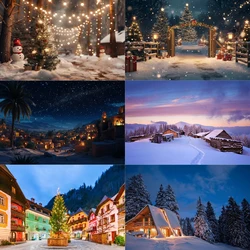 Winter Night Snowflake Theme Aurora Photography Background Stars Sky Moon Tree Pine Forest Christmas Merry New Year Gift Decor